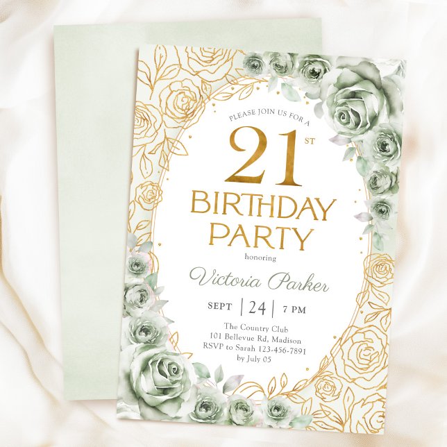 Invitación Cumpleaños floral 21 Sage Green Gold (Subido por el creador)
