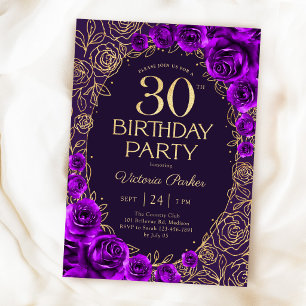 Invitación Cumpleaños floral 30 en púrpura y oro