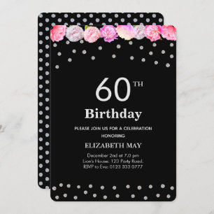 Invitación Cumpleaños Floral 40, 60 con diamantes en negro