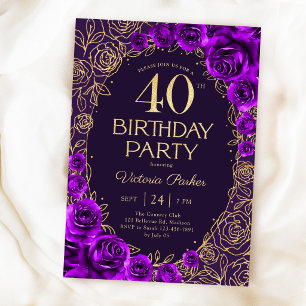 Invitación Cumpleaños floral 40 cumpleaños púrpura dorado