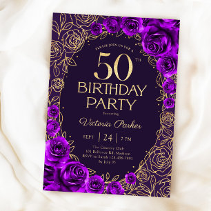 Invitación Cumpleaños floral 50 cumpleaños púrpura dorado