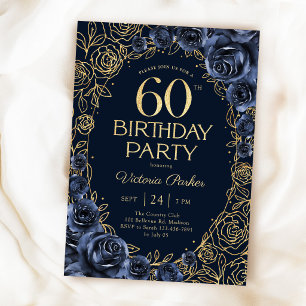 Invitación Cumpleaños floral 60 Navy azul dorado