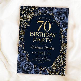 Invitación Cumpleaños floral 70 Navy Blue Gold