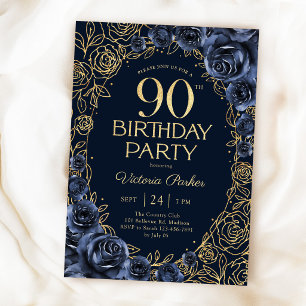 Invitación Cumpleaños floral 90 azul marino dorado
