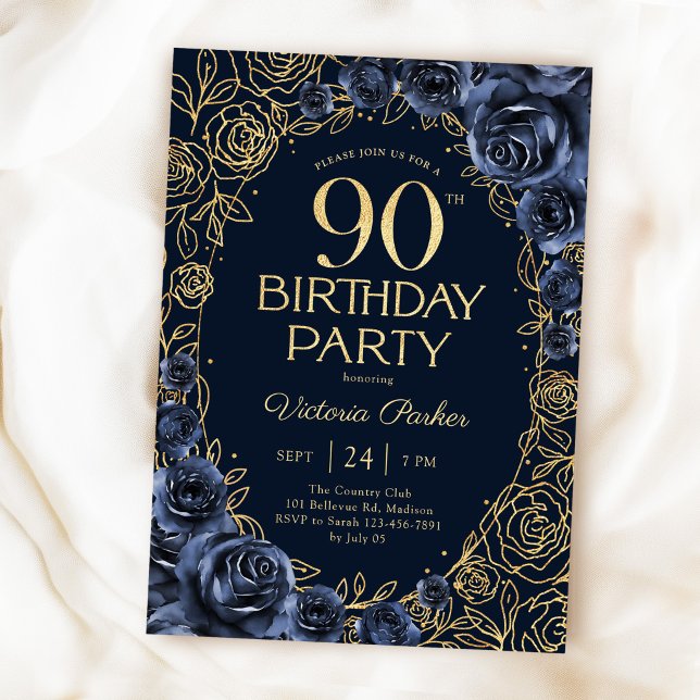 Invitación Cumpleaños floral 90 azul marino dorado  (Subido por el creador)
