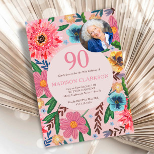 Invitación Cumpleaños floral 90 Foto fiesta en el jardín
