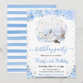 Invitación Cumpleaños Floral Acuarela Animales Árticos