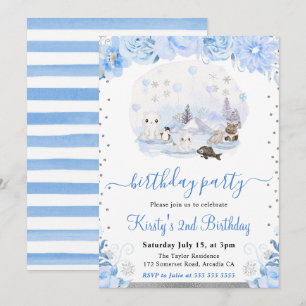 Invitación Cumpleaños Floral Acuarela Animales Árticos
