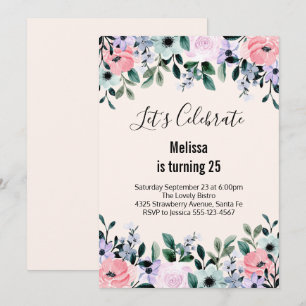 Invitación Cumpleaños floral acuarela rosa púrpura verde