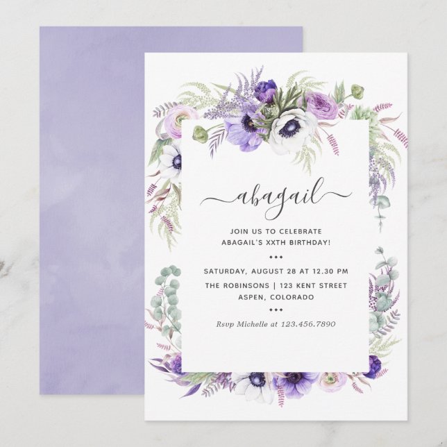 Invitación Cumpleaños floral acuarela violeta polvoriento (Anverso / Reverso)