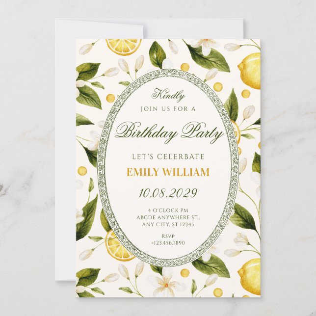 Invitación Cumpleaños floral amarillo limón sin costuras (Anverso)