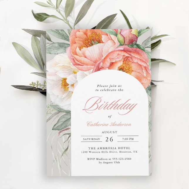 Invitación Cumpleaños Floral Arco Elegante Melocotón (Invitation may be ordered in both printed and digital formats.)