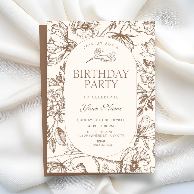Invitación Cumpleaños floral artístico clásico marrón (Subido por el creador)