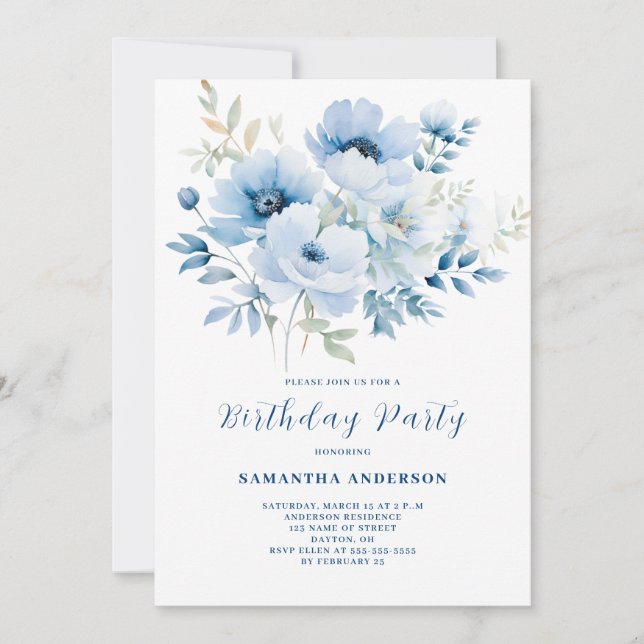 Invitación Cumpleaños Floral Azul (Anverso)