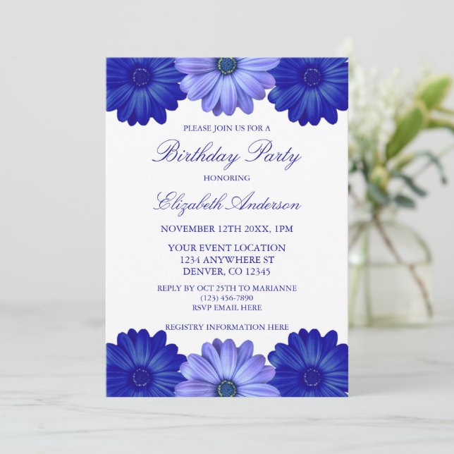 Invitación Cumpleaños Floral Azul (Anverso de pie)