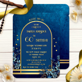 Invitación Cumpleaños Floral Azul Clásico Elegante en Dorado
