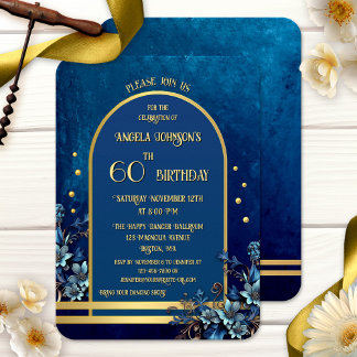 Invitación Cumpleaños Floral Azul Clásico Elegante en Dorado