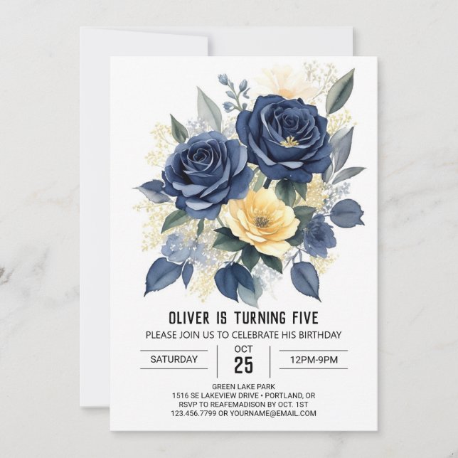 Invitación Cumpleaños Floral Azul de la Marina Editable (Anverso)