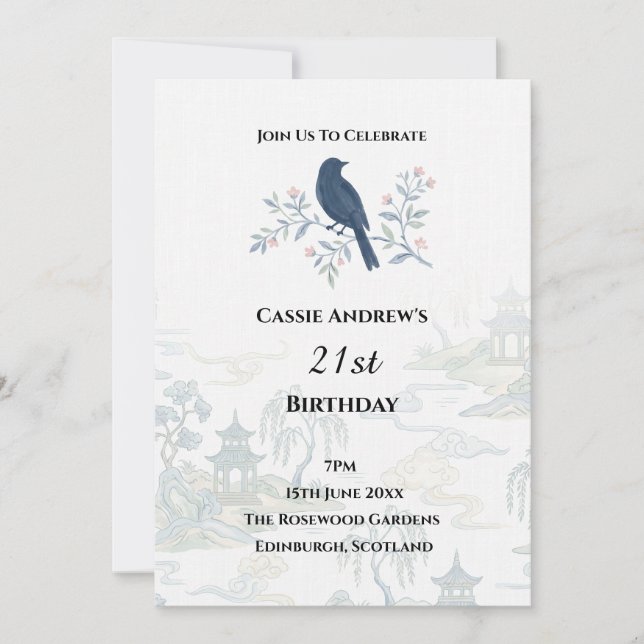 Invitación Cumpleaños Floral Azul Hito (Anverso)