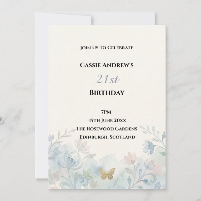 Invitación Cumpleaños Floral Azul Hito (Anverso)