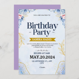 Invitación Cumpleaños Floral Azul Ilustrativo