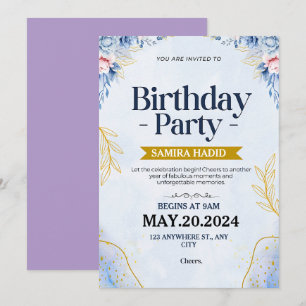 Invitación Cumpleaños Floral Azul Ilustrativo