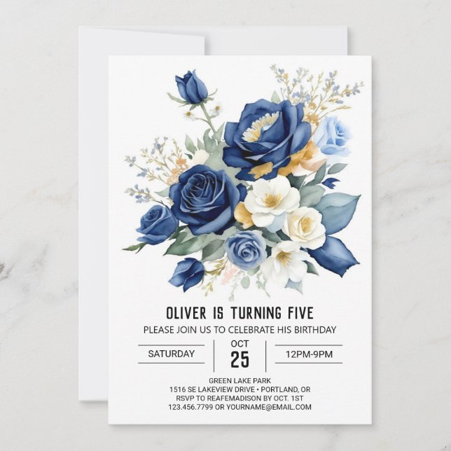 Invitación Cumpleaños Floral Azul Imprimible (Anverso)