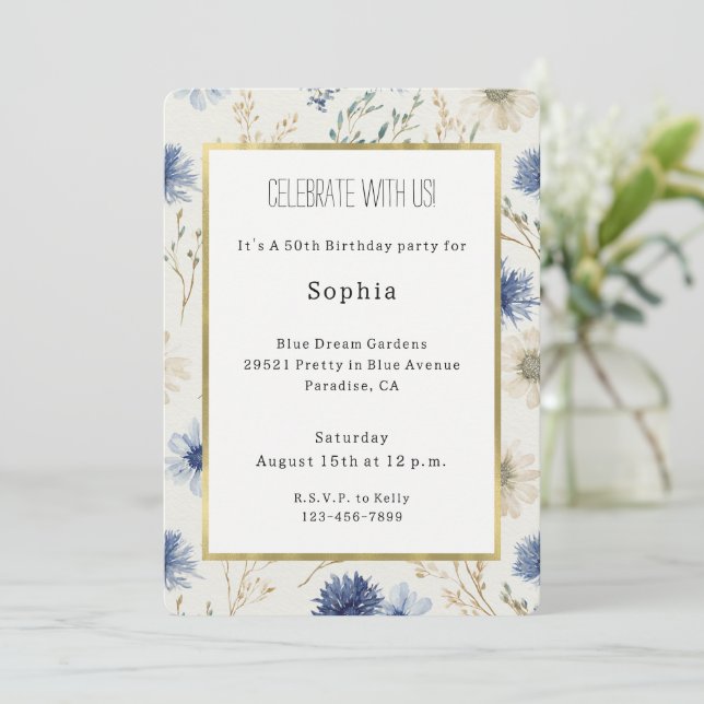Invitación Cumpleaños Floral Blanco Azul (Anverso de pie)