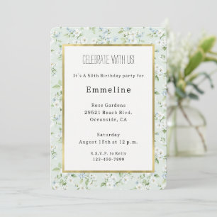 Invitación Cumpleaños Floral Blanco Bonito Azul Claro