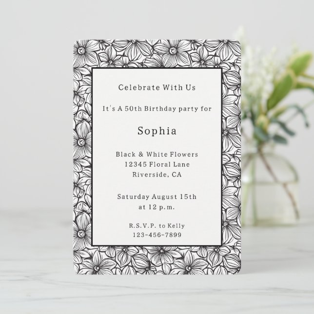Invitación Cumpleaños Floral Blanco Negro (Anverso de pie)