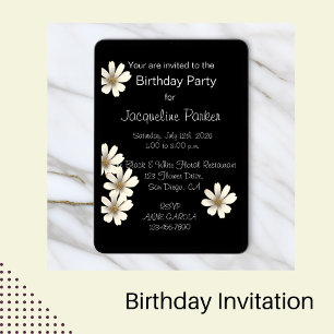 Invitación Cumpleaños floral blanco y negro