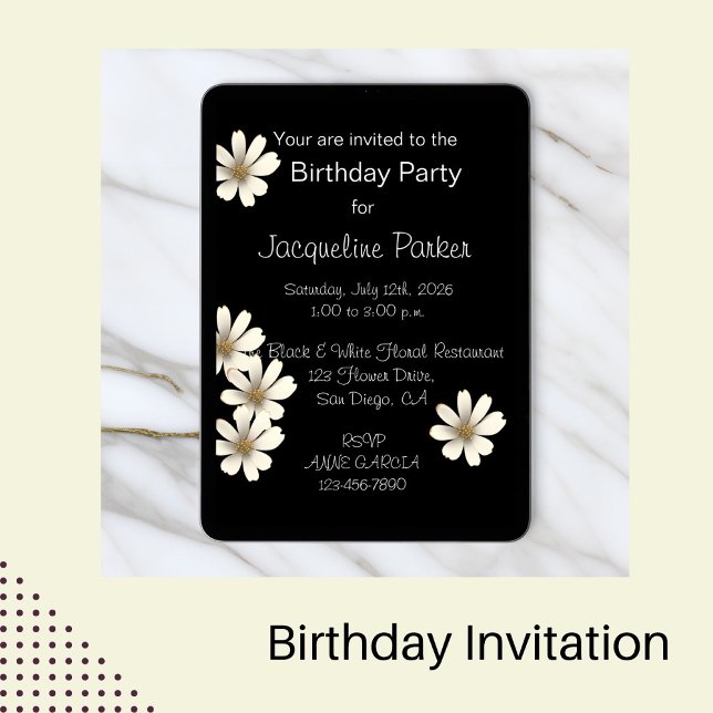 Invitación Cumpleaños floral blanco y negro (Subido por el creador)