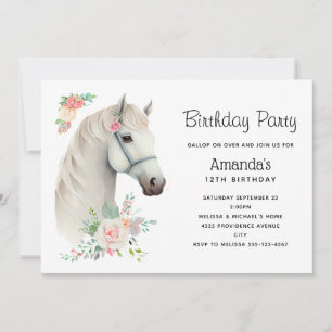 Invitación Cumpleaños Floral Boho Elegante Caballo Blanco