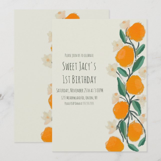Invitación Cumpleaños floral botánico dulce naranja lindo (Anverso / Reverso)