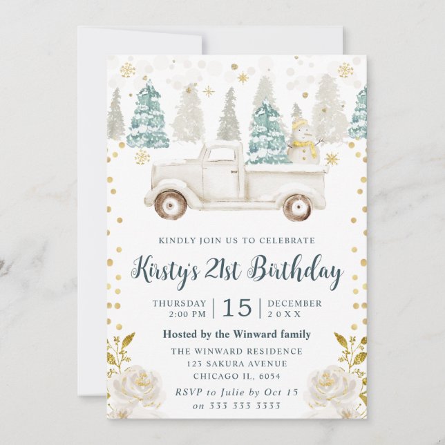 Invitación Cumpleaños Floral Camioneta Blanco Invierno y Dora (Anverso)