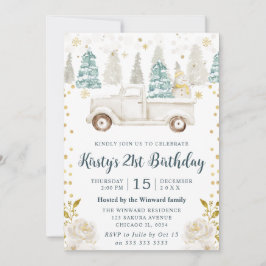 Invitación Cumpleaños Floral Camioneta Blanco Invierno y Dora