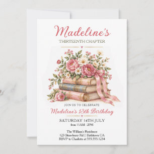 Invitación Cumpleaños Floral Capítulo Libro Vintage