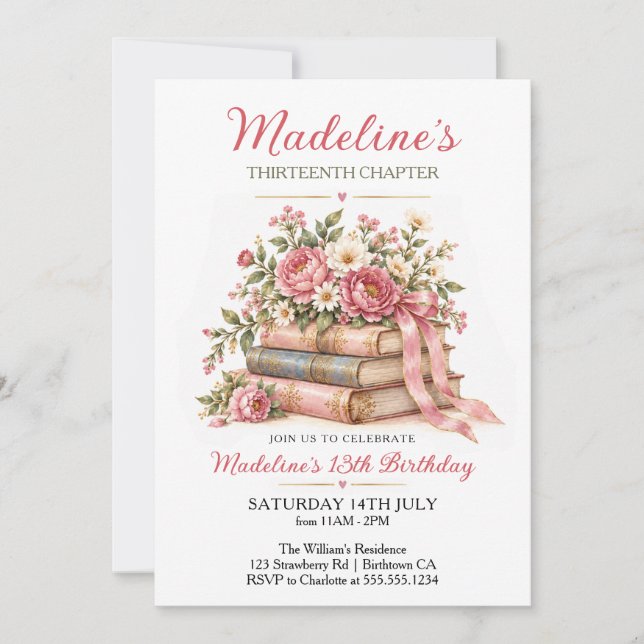 Invitación Cumpleaños Floral Capítulo Libro Vintage (Anverso)