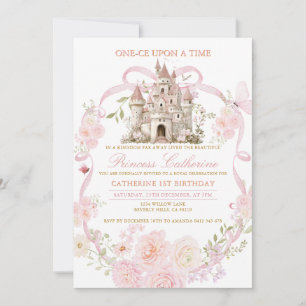 Invitación Cumpleaños Floral Castillo Coqueta Rosa Primero