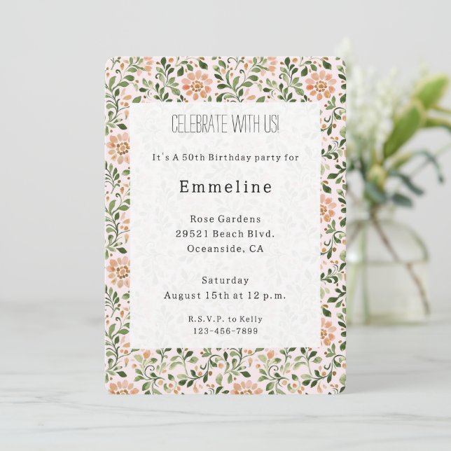 Invitación Cumpleaños Floral Chic Rosa (Anverso de pie)