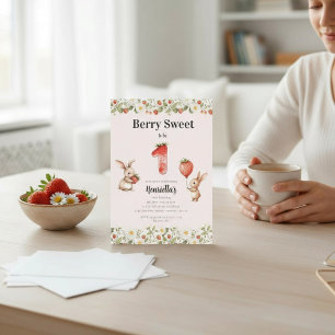 Invitación Cumpleaños Floral Conejo Frutilla Dulce Primero