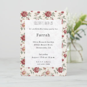 Invitación Cumpleaños Floral Crema Rojo Pretty Chic  