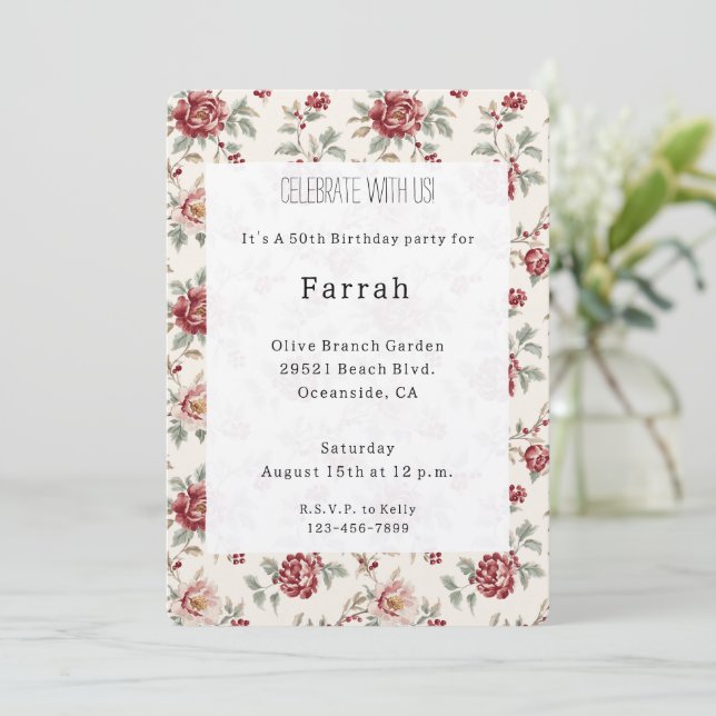 Invitación Cumpleaños Floral Crema Rojo Pretty Chic   (Anverso de pie)