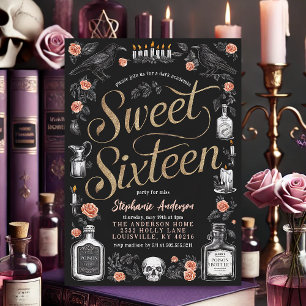 Invitación Cumpleaños Floral Dark Academia Sweet Sixteen