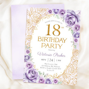 Invitación Cumpleaños floral de 18 años lila púrpura dorado