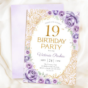 Invitación Cumpleaños floral de 19 años Lila Púrpura Dorado