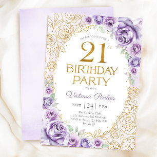 Invitación Cumpleaños floral de 21 años lila púrpura dorado