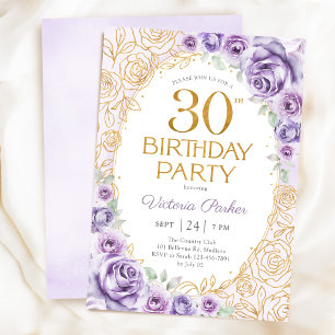 Invitación Cumpleaños floral de 30 años Lila Púrpura Dorado