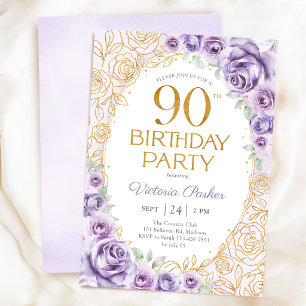 Invitación Cumpleaños floral de 90 años Lila Púrpura Dorado