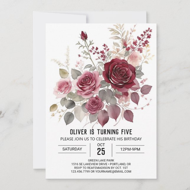 Invitación Cumpleaños Floral de Borgoña Digital Whimsy (Anverso)
